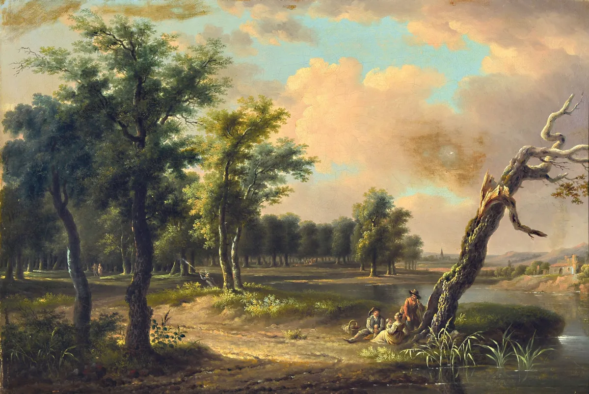 Traditionaliste inconnu, vers 1830-60, paysage forestier avec rivière, isolé