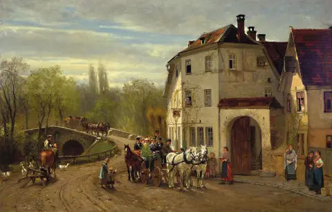 Casimir Geibel, 1839 Kreuznach-1896 Weimar, paysage de village avec procession devant la brasserie,
