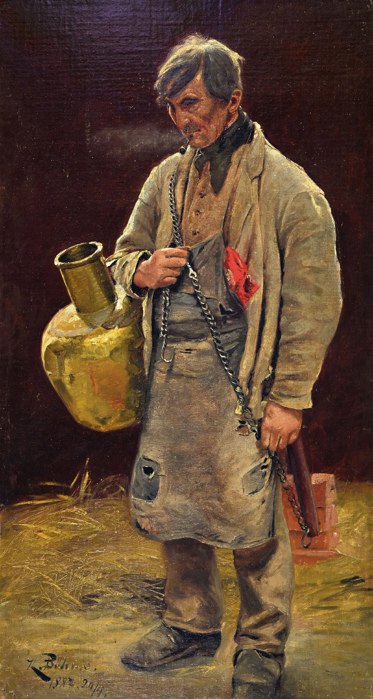 K. Böhme, datowany 1887, całopostaciowy portret robotnika z dużym mosiężnym dzbanem, olej/płótno,
