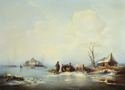 Wilhelm Alexander Meyerheim, 1815 Dantzig-1882 Berlin, Paysage d'hiver avec famille de paysans