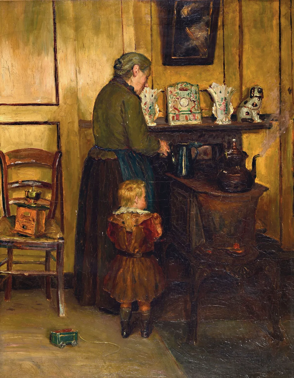 Leopold Haeck, 1868 Antverpy-1928 Wijnegem, Interiér se starší ženou u kamen
