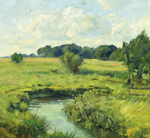 Wilhelm Trübner, 1851-1917, paysage de prairies bavarois avec rivière, avant 1900,