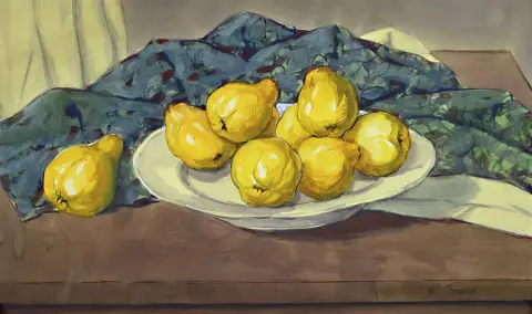 Werner Brand, 1933 Löbau-2021 Hochstadt, aquarelle, nature morte avec coings et tissu,