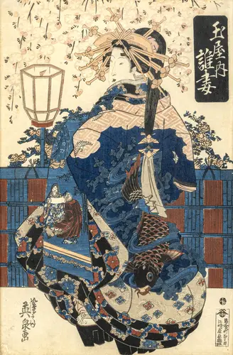 Estampe en couleur avec courtisane d'Eisen et deux estampes en couleur de Hiroshige de la série "Les 53 stations du Tōkaidō"
