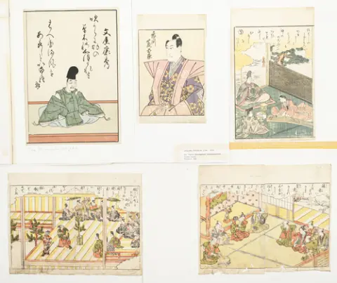 Kavel van 14 kleurenhoutsneden en boekillustraties van Shunshō en Toyokuni