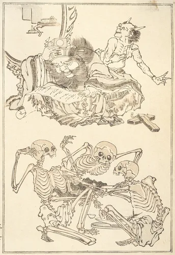 Groep van zeven boekpagina's, deels van Kawanabe Kyosai (1831 - 1889) en anderen