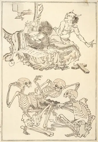 Groep van zeven boekpagina's, deels van Kawanabe Kyosai (1831 - 1889) en anderen