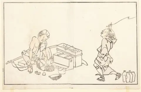 Kavel van negen houtsneden of boekillustraties van Hokusai, Shunkōsai en Nantei