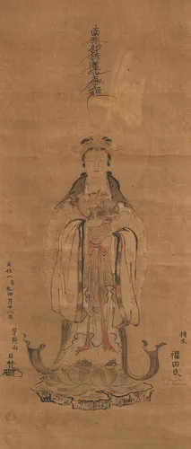 Nichiren-school: afbeelding van Kannon met kind, opschrift Namu Myôhô Rengekyô, Fukuda shi, inkt op zijde, gemonteerd als hangrol
