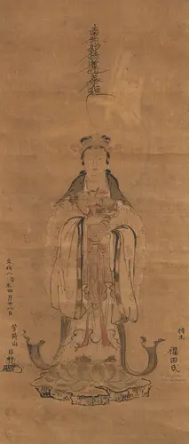 Nichiren-school: afbeelding van Kannon met kind, opschrift Namu Myôhô Rengekyô, Fukuda shi, inkt op zijde, gemonteerd als hangrol