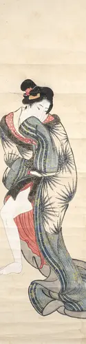 Twee schilderingen: anonieme afbeelding van een bijin en scène met paar op papier, Japan, late Edo / Meiji-periode