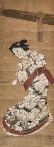 Twee hangrollen: bijin-afbeeldingen op papier, een gesigneerd, een met zegel: Onna e no fuku, toegeschreven aan Ishikawa Ichiraku