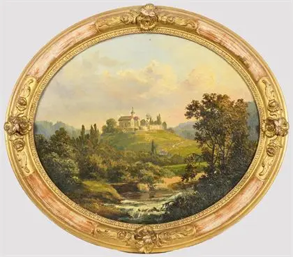 Ovális festmény templommal, napsütésben