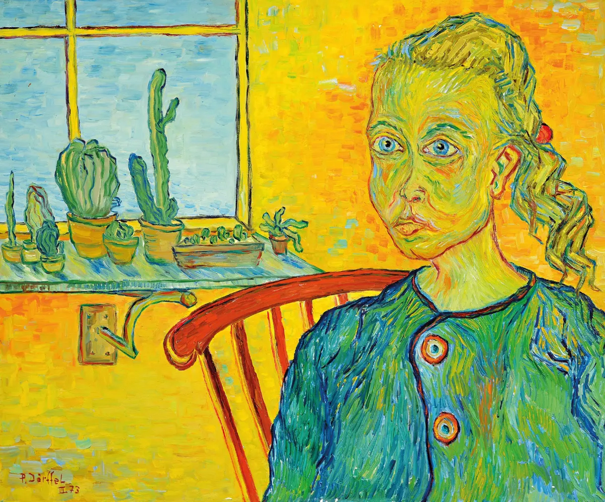Peter Dörffel, 1935 Halle-2021 Heidelberg, portret dziewczyny z kaktusami, w stylu