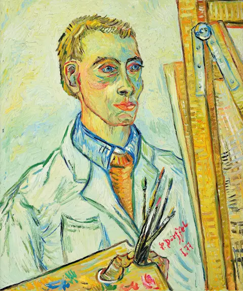 Peter Dörffel, 1935 Halle-2021 Heidelberg, Autoportrait avec palette au chevalet,