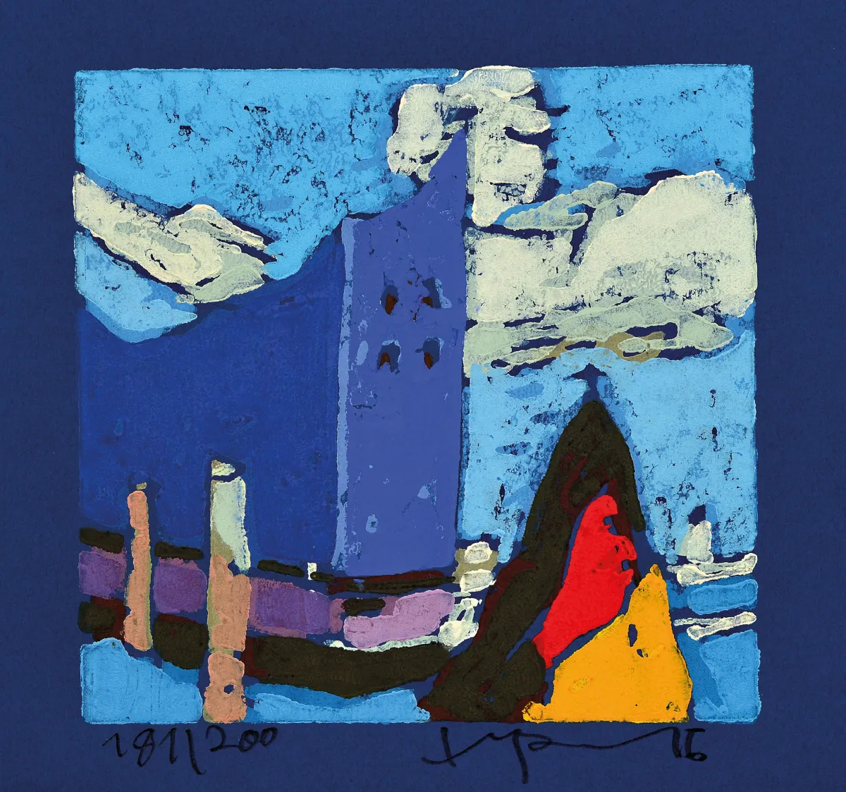 Klaus Fußmann, né en 1938, linogravure, Elbphilharmonie, Hambourg, signée, num. 181/200,