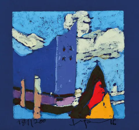 Klaus Fußmann, né en 1938, linogravure, Elbphilharmonie, Hambourg, signée, num. 181/200,