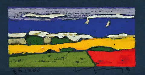 Klaus Fußmann, né en 1938, linogravure, colza, mer Baltique avec voiliers, signée, num