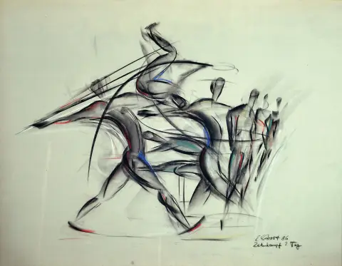 E. Stroth, daté 1986, pastel sur carton gris, "Zehnkampf 2. Tag", signé et