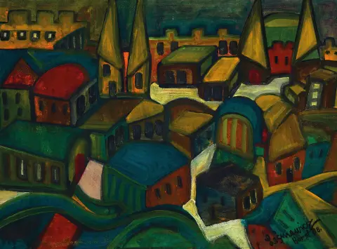 Horst Lesniewicz, 1926 Berlin-2003, Vue sur une ville, huile/panneau de fibres, en bas à droite
