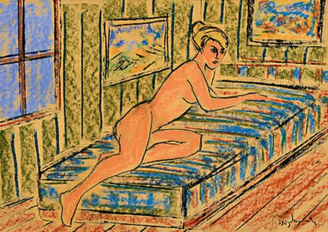 Borislav Bogdanovic, 1899 Ruma-1970 Scottsdale, nu allongé, technique mixte sur papier,