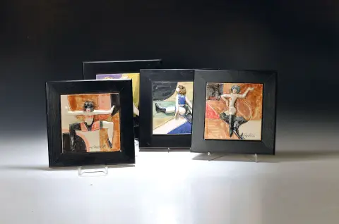 Heinz Friedrich, 1924-2018 Schwetzingen, 4 carreaux en céramique, en relief et peints en couleurs