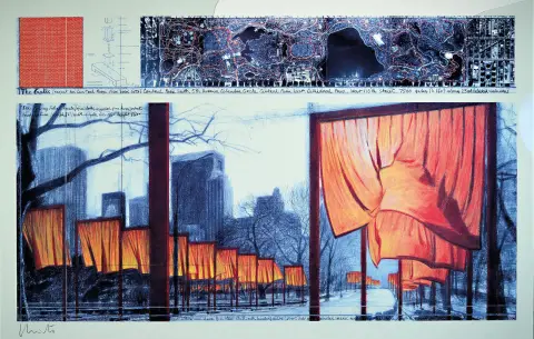 Christo 1935-2020, The Gates, New York 2005, offset couleur, signé à la main, env. 56x91cm