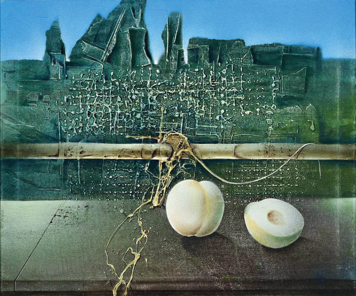 Klaus Heinrich Keller, 1938-2018, composition surréaliste avec pêche blanche