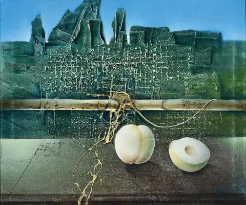 Klaus Heinrich Keller, 1938-2018, composition surréaliste avec pêche blanche