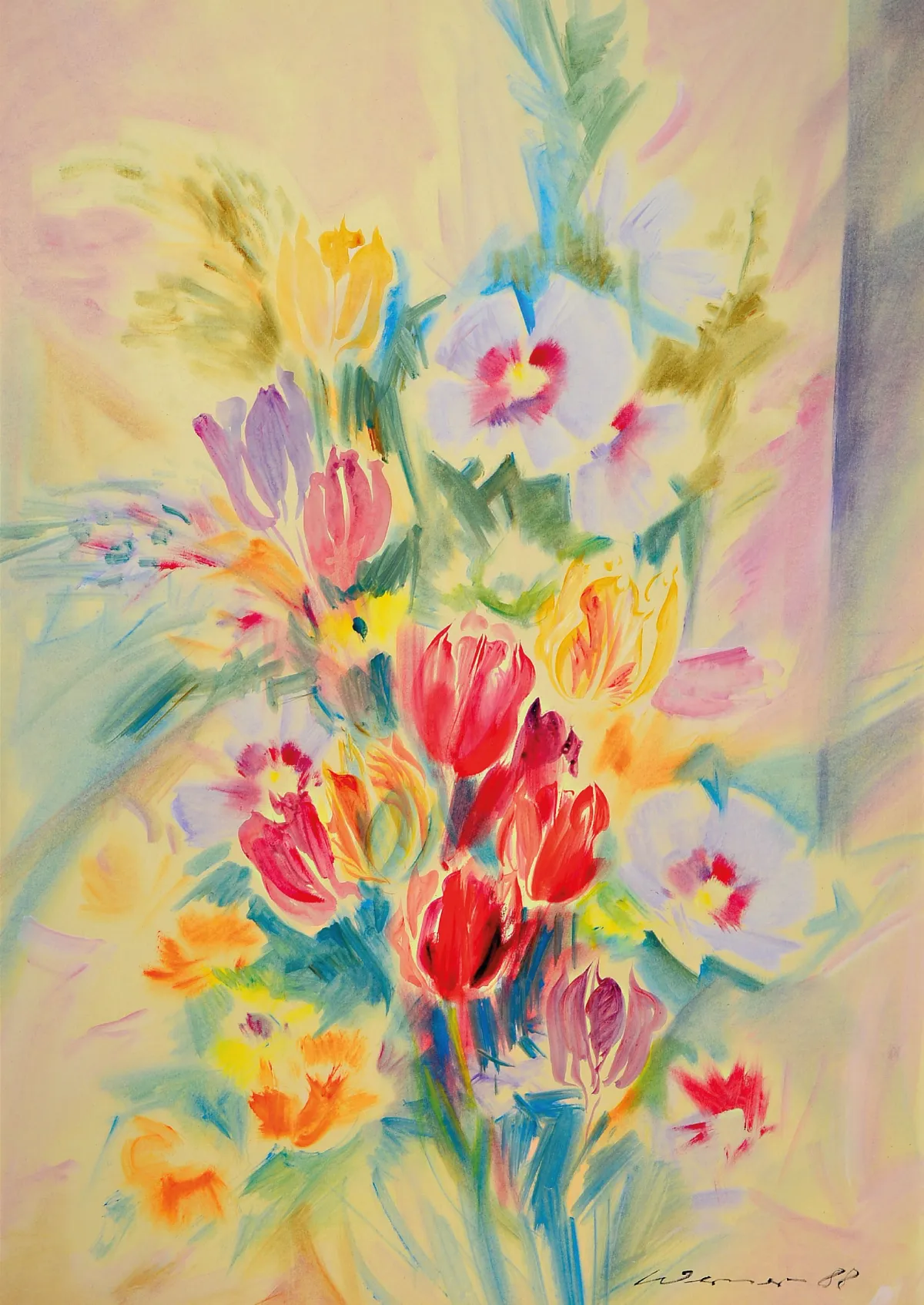 Heinz Werner, 1928 Coswig-2019, akvarel, zátiší s kyticí tulipánů, podepsáno a