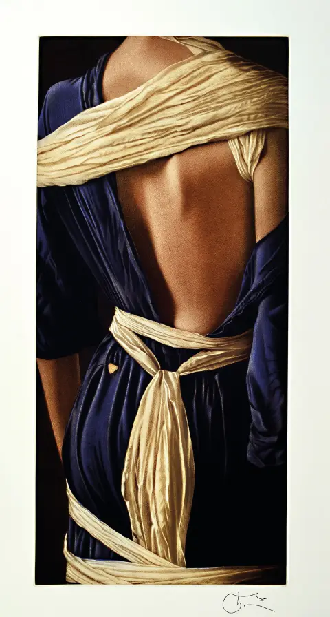 Willi Kissmer, né en 1951, eau-forte, nu de dos avec robe bleue et tissus