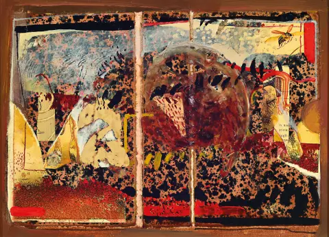 Jürgen Braun, né en 1947 à Mannheim, "Maikäfer -Flug", collage/technique mixte sur bois