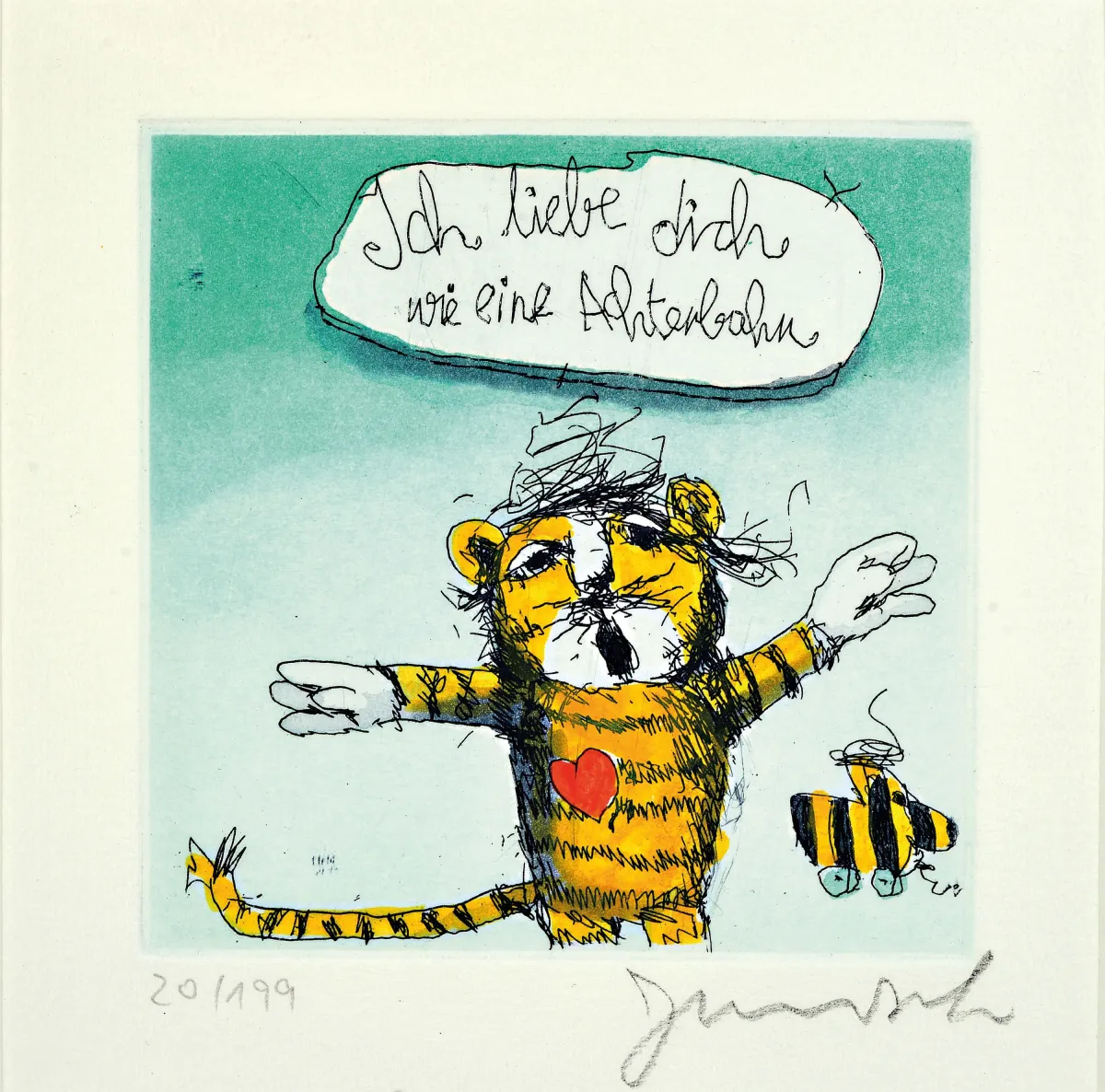 Janosch, tj. Horst Eckert, nar. 1931 Hindenburg, barevný lept "Ich liebe dich wie eine"