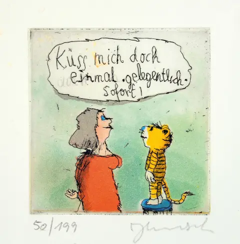 Janosch, c'est-à-dire Horst Eckert, né en 1931 à Hindenburg, gravure en couleur "Küss mich doch einmal,"