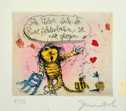 Janosch, c'est-à-dire Horst Eckert, né en 1931 à Hindenburg, gravure en couleur "Ich liebe dich wie eine"