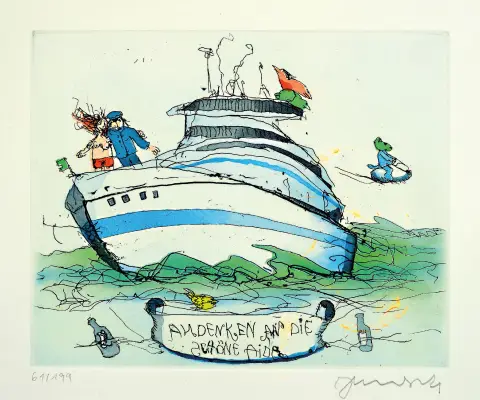 Janosch, alias Horst Eckert, né en 1931 à Hindenburg, gravure en couleurs "Andenken an die schöne"