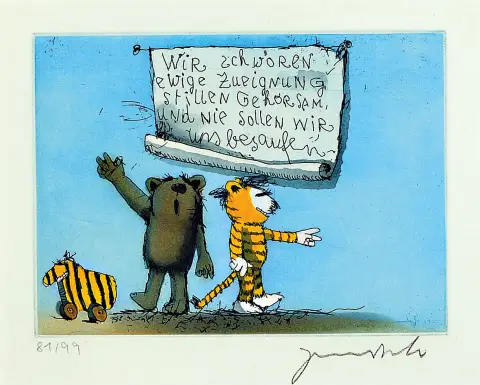 Janosh, d.i. Horst Eckert, né en 1931 à Hindenburg, gravure en couleurs, "Wir schwören ewige"