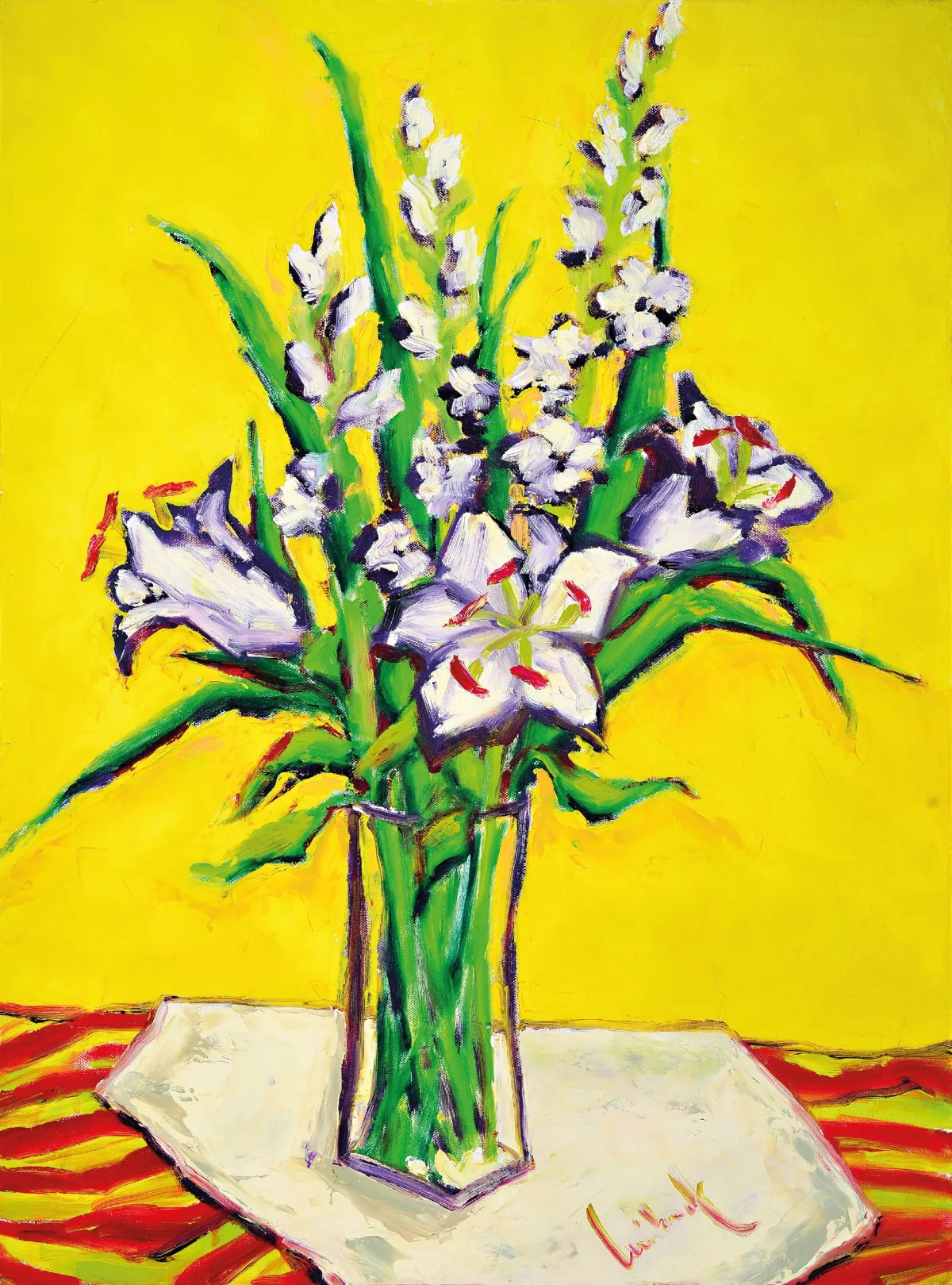 Gernot Kissel, 1939 Worms-2008, Blumenstillleben mit bezeichnetem Stofftuch, verso