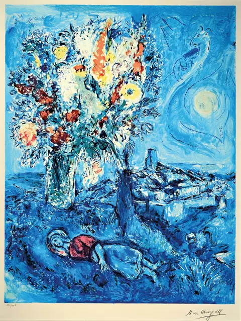 Marc Chagall, 1887-1985, kleurenlithografie, La dormeuse aux fleurs, gedrukte signatuur, num