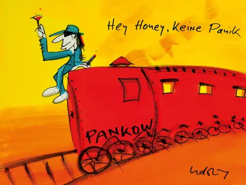 Udo Lindenberg, geb. 1946, aquarel/likörell, "Hey Honeys, keine Panik, (Sonderzug nach