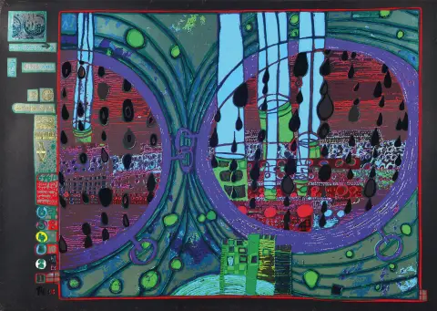 Friedensreich Hundertwasser, 1928-2000, zeefdruk met metaalembossing op metaalkarton