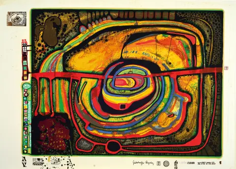 Friedensreich Hundertwasser, 1928-2000, zeefdruk met metaalembossing en vernis