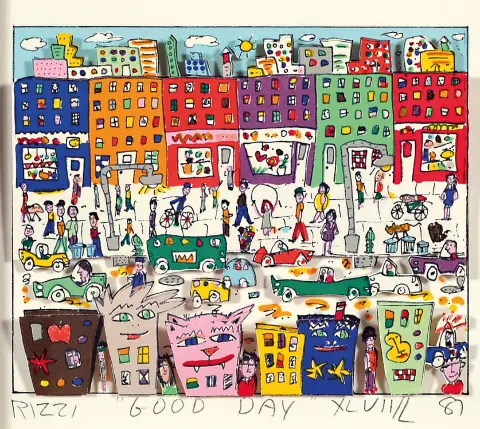 James Rizzi, 1950-2011 New York, Good Day, driedimensionale kleurenlithografie uit 1987,