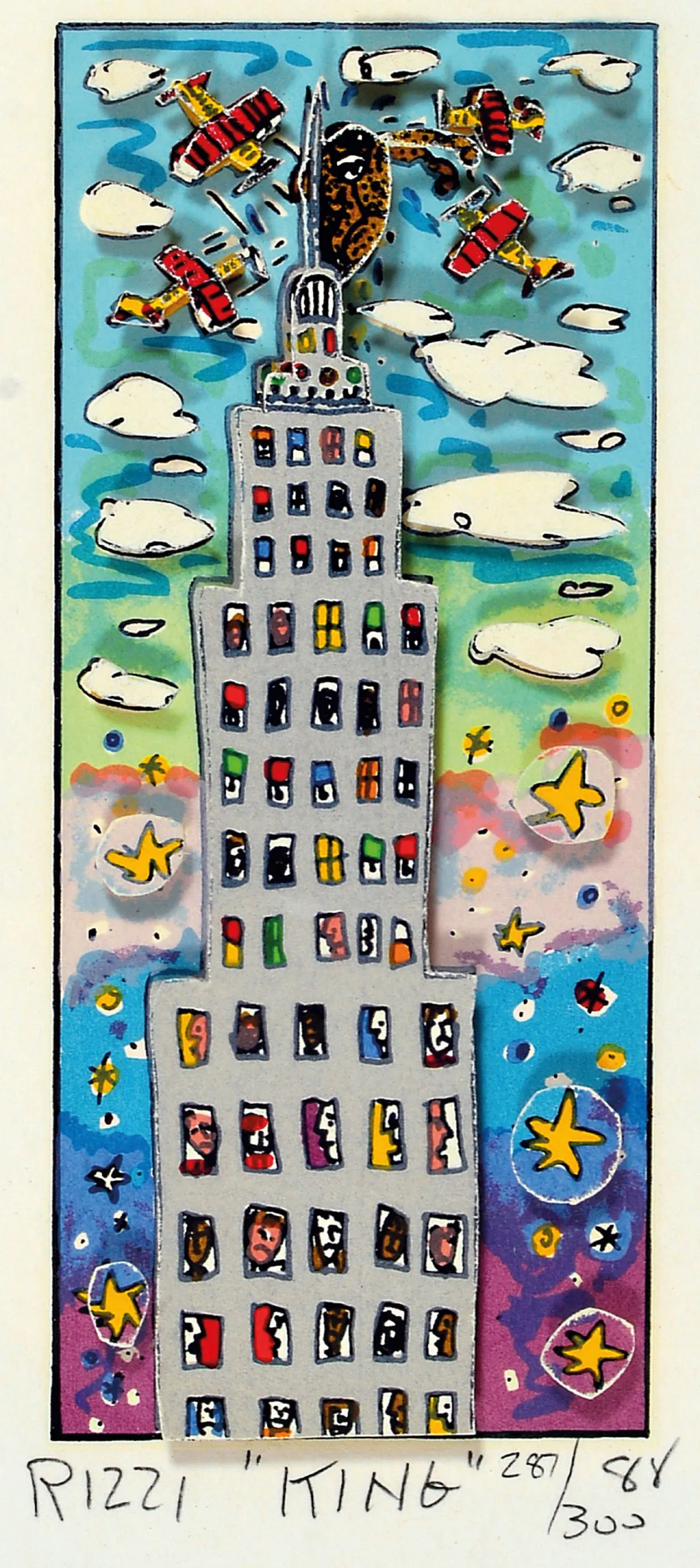 James Rizzi, 1950-2011 New York, King, dreidimensionale Farblithographie von 1988,