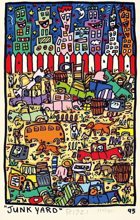 James Rizzi, 1950 New York, construction 3D, "Junk Yard", num. 124/350, signée à la main,