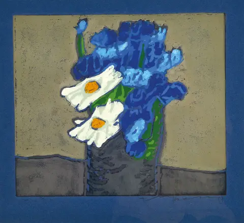Klaus Fußmann, né en 1938, linogravure, marguerites et bleuets, sign., e.a., avec