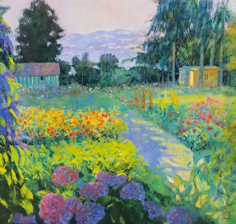 Uwe Herbst, né en 1952 à Cologne, Jardins des hortensias, ainsi intitulé au verso, et