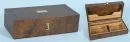 Box for playing cards – wood, dark stained, lid with brass inlay, 3 compartments inside, 6.5 x 24 x 11.5 cm