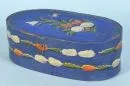 Wooden box – hand-painted, floral decor on blue ground, oval, 12 x 33 x 18 cm, 19th c.