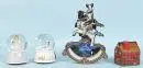 Music boxes, 4 pieces – various materials, shapes and decors, 2 as snow globes, H= 11-29 cm